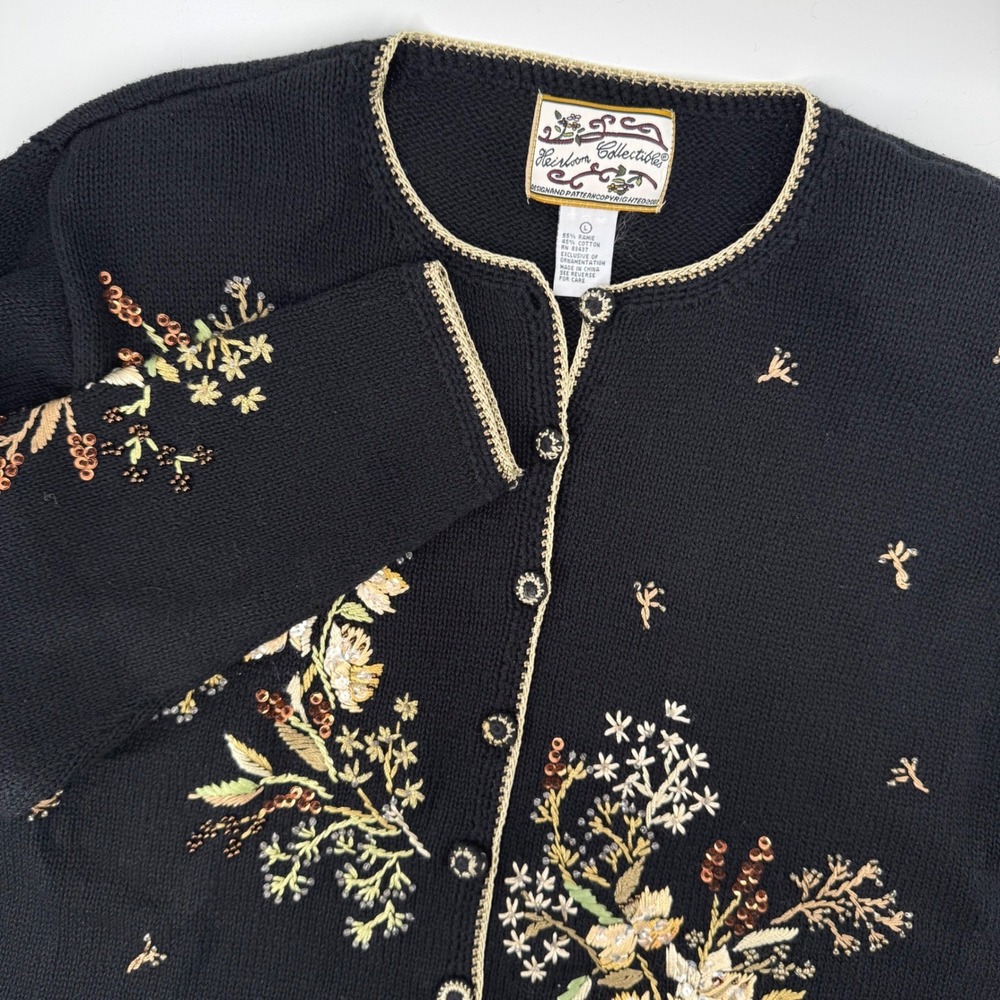 Heirloom Collectible Large Vintage Floral Embroidered Sequin Cardigan Black Gold